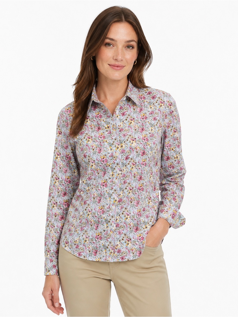 L.L. Bean Wrinkle Free Oxford Button Down Blue Floral